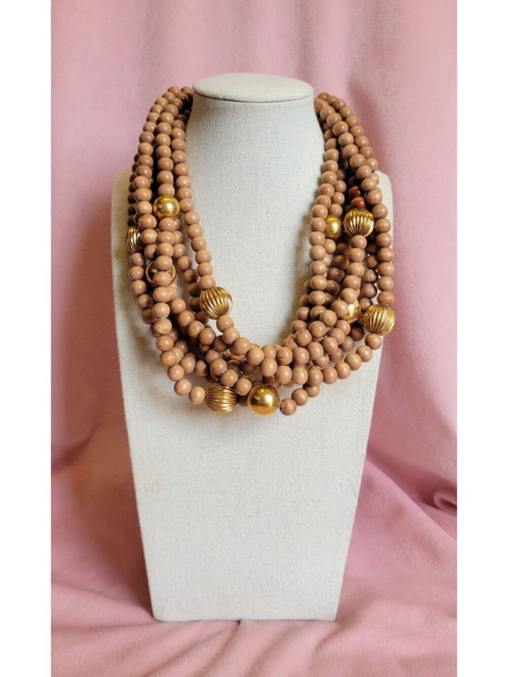 Faux brown wooden round beaded layered Multi-strand choker necklace N1F
